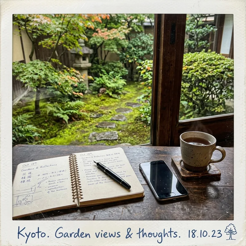 A phone and notebook on a wooden desk beside a window looking onto a small Japanese garden