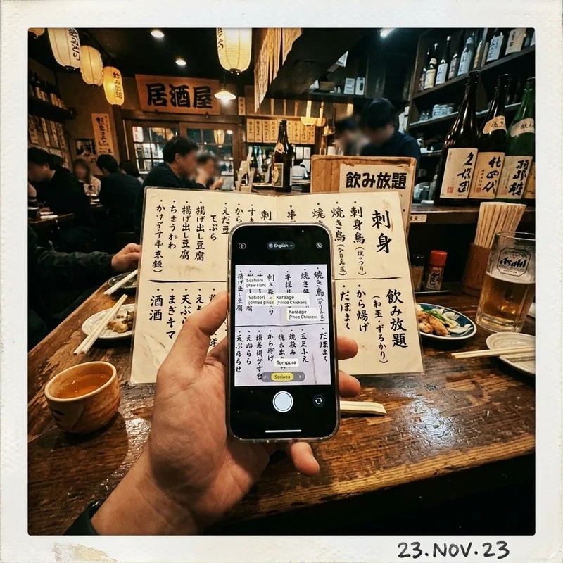 A phone showing a translation camera pointed at a Japanese restaurant menu