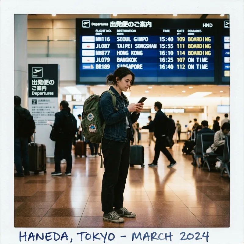 A traveler with a backpack checking a phone at an airport departure board showing Seoul and Tokyo